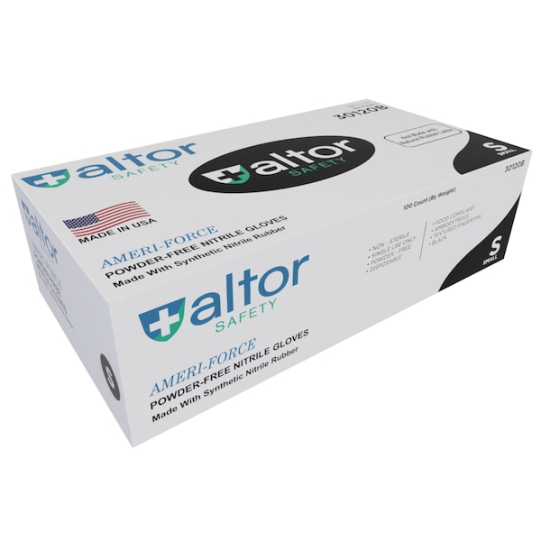 Altor Safety Disposable Gloves, Exam Grade, Nitrile, 4 mil, Powder-Free, S, 100 PK, Black 30120B - main
